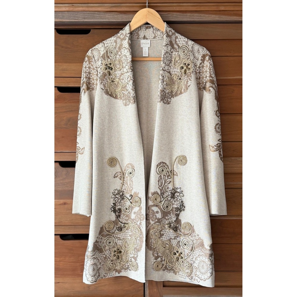 NWOT Chico's Size 1 (M) Scroll Front Cardigan Beads Foil Rope Embroidery Lace - Picture 2 of 8